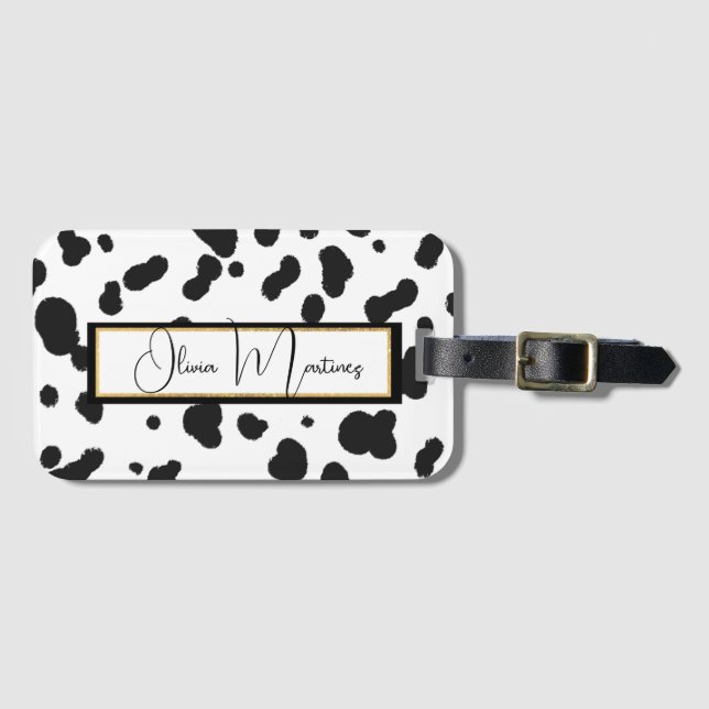 The MIA Black & White Cow Print Luggage Tag (Front Horizontal)