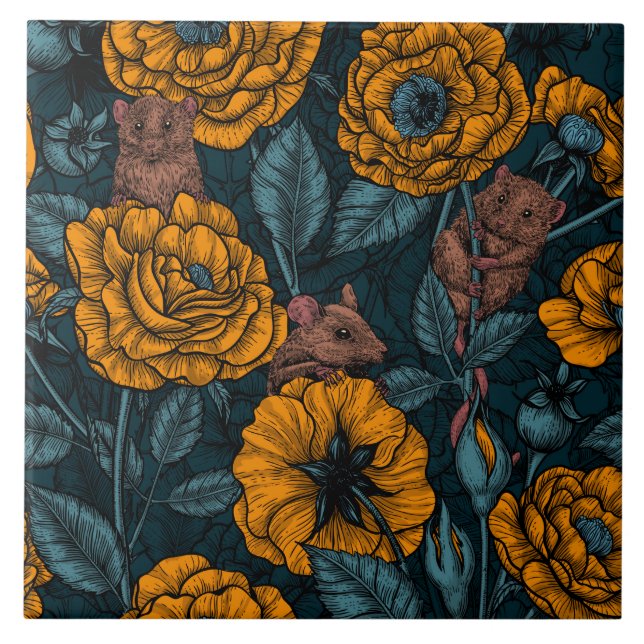 The mice party in orange and blue ceramic tile (Front)