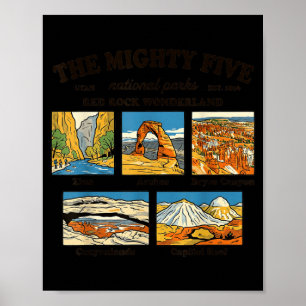 The mighty five utah national parks retro souvenir poster