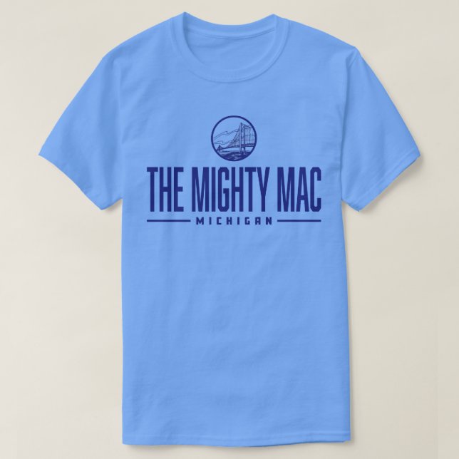 The Mighty Mac Michigan Wordmark Bridge Blue T-Shirt (Design Front)
