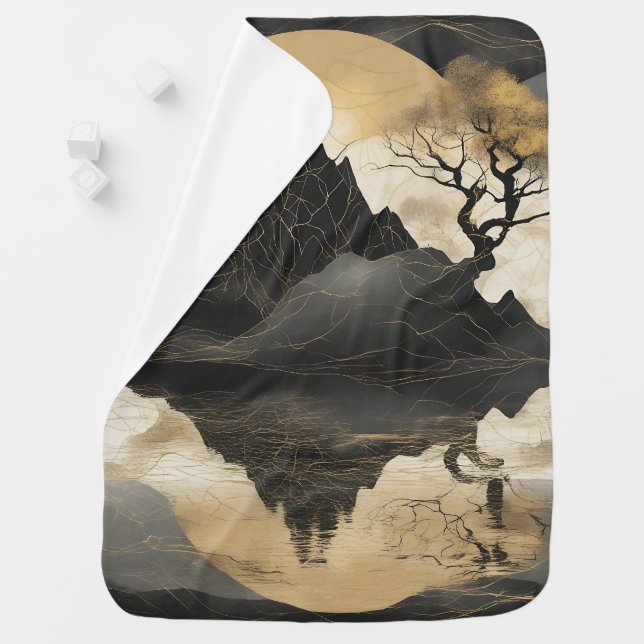 The Misty Mountain Black & Gold Baby Blanket (In Situ)