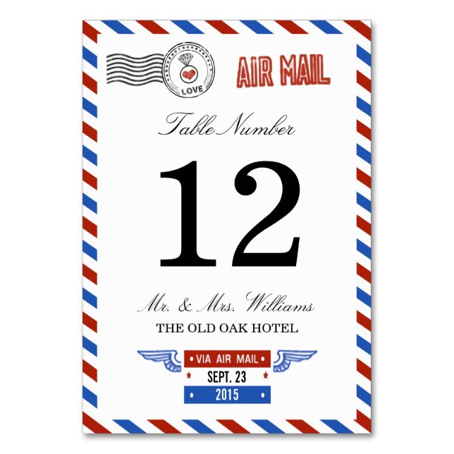 The Modern Airmail Wedding Collection Table Number (Front)