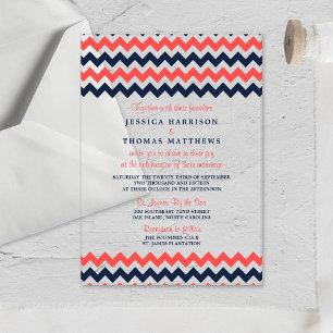 The Modern Chevron Wedding Collection Navy & Coral Acrylic Invitations