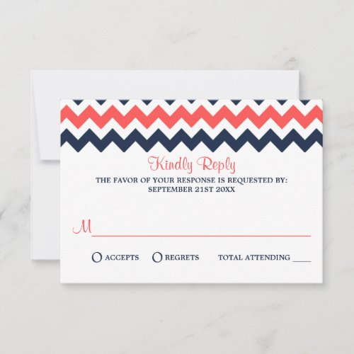 The Modern Chevron Wedding Collection Navy &amp; Coral 3.5x5 Paper Invitation Card