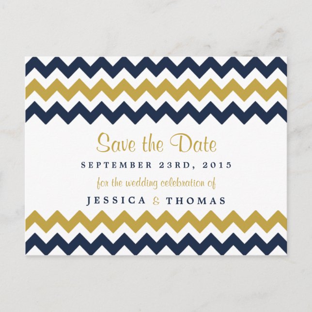 The Modern Chevron Wedding Collection- Navy & Gold Announcement Postcard (Front)