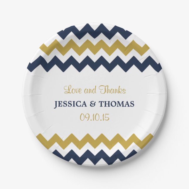 The Modern Chevron Wedding Collection- Navy & Gold Paper Plates (Front)
