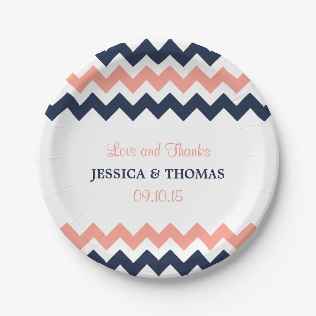 The Modern Chevron Wedding Collection- Pink & Navy Paper Plates (Front)