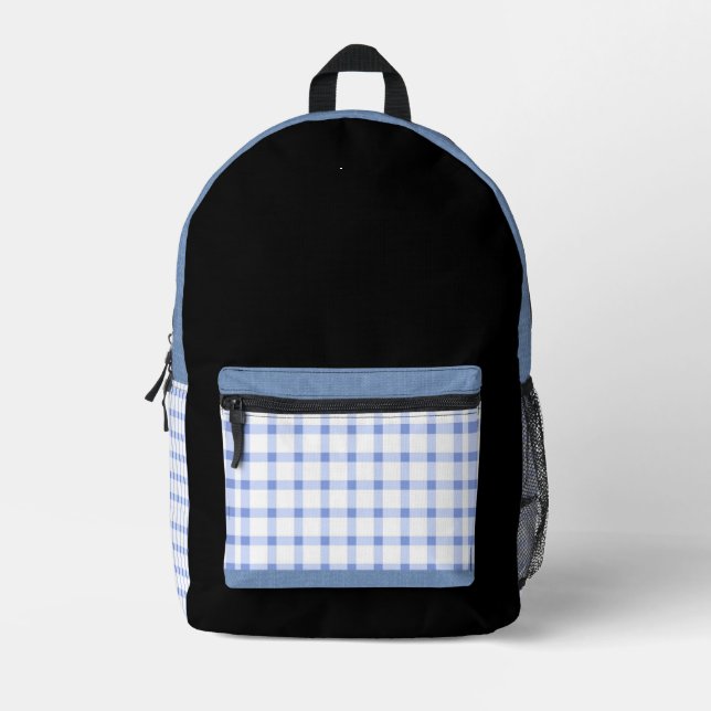 The Modern Classic — Blue & White Gingham Printed Backpack (Front)