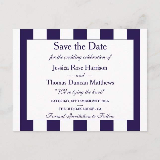 The Modern Navy Stripe Wedding Collection Announcement Postcard (Front)
