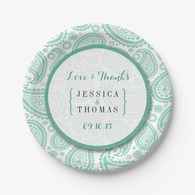 The Modern Paisley Wedding Collection - Green Paper Plates (Front)