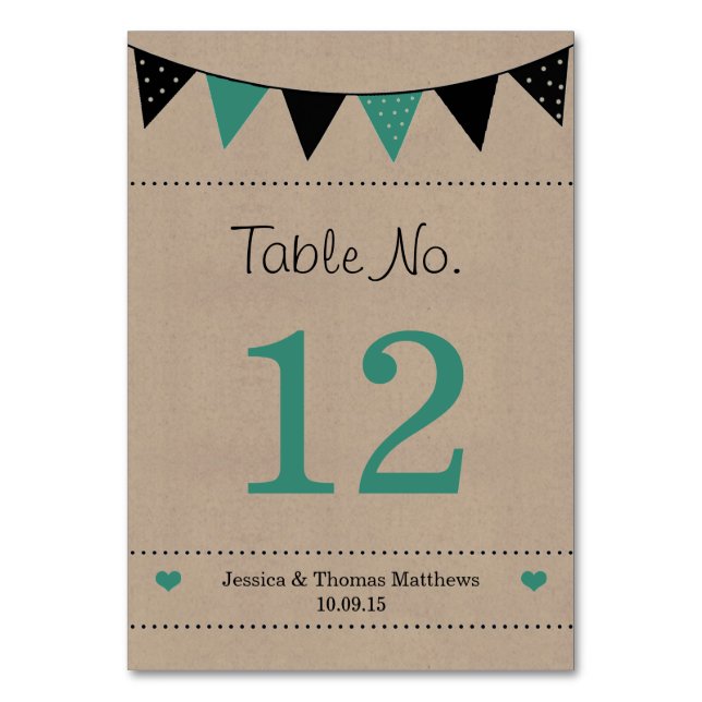 The Modern Turquoise Bunting Wedding Collection Table Number (Front)