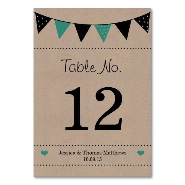 The Modern Turquoise Bunting Wedding Collection Table Number (Front)