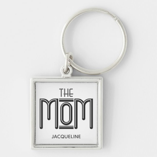 THE Mom Black White Text Personalized Keychain (Front)