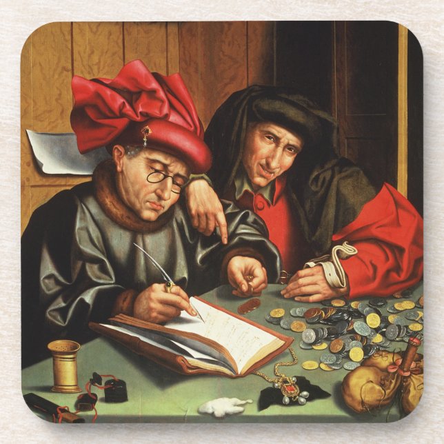 The Money Lenders (oil on oak panel) Beverage Coaster (Front)