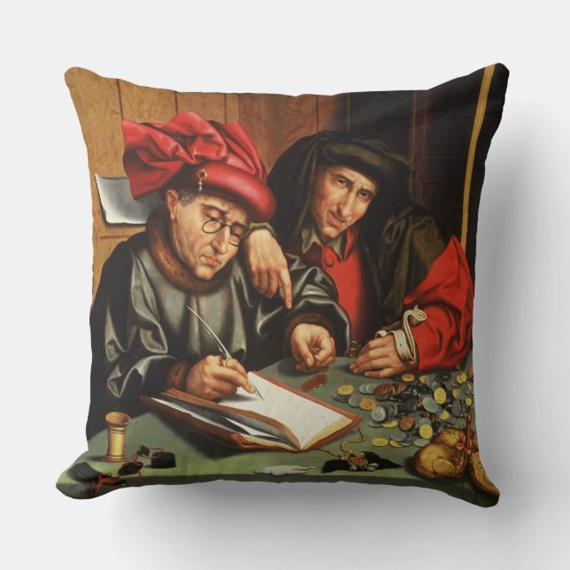 The Money Lenders (oil on oak panel) Throw Pillow (Front)