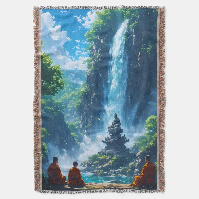 The Monks' Tranquil Ascent Throw Blanket (Front Vertical)