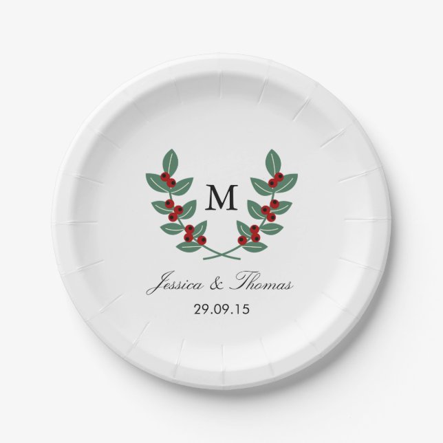 The Monogram Berry Bush Wedding Collection Paper Plates (Front)