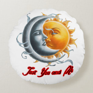 The Moon and the Sun falling in Love on a White Round Pillow