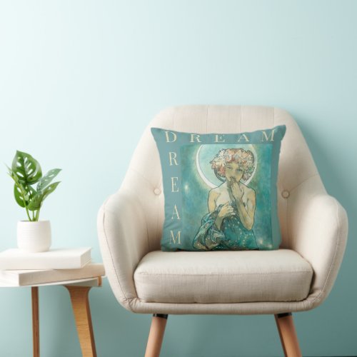 The Moon by Mucha Dream Green Throw Pillow