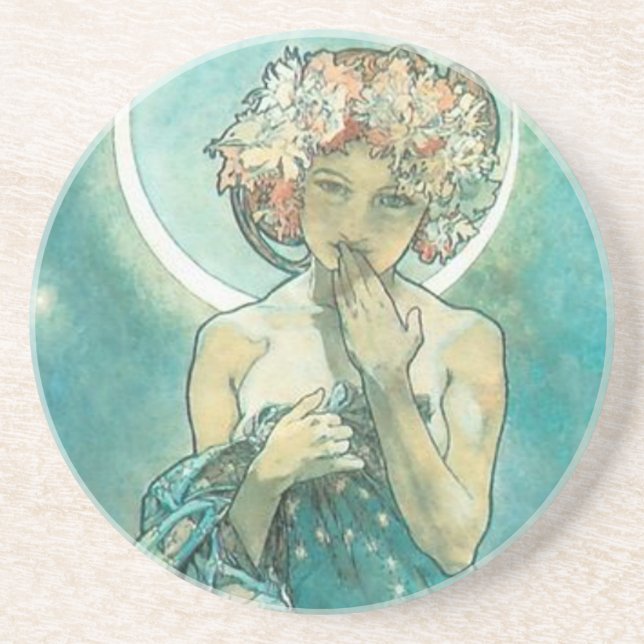 "The Moon" by Mucha, Green Sandstone Coaster (Front)