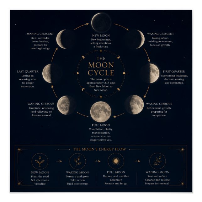The Moon Cycle & Meaning of Phases Poster (Front)