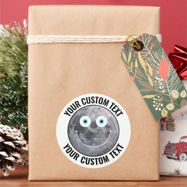 The Moon Happy Face Personalized 3" Custom Classic Round Sticker (Holiday)