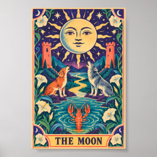 The Moon Tarot Card Art Whimsical Retro Occult Poster