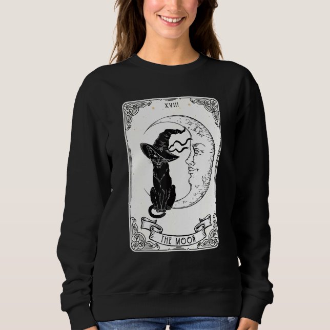 The Moon Tarot Card Spooky Black Cat Witch Crescen Sweatshirt (Front)