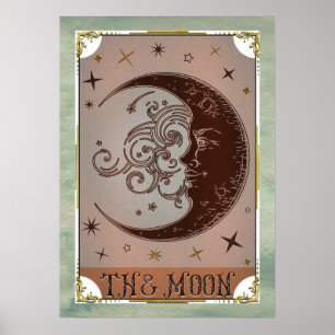 The Moon Vintage Tarot Card Celestial Art Poster