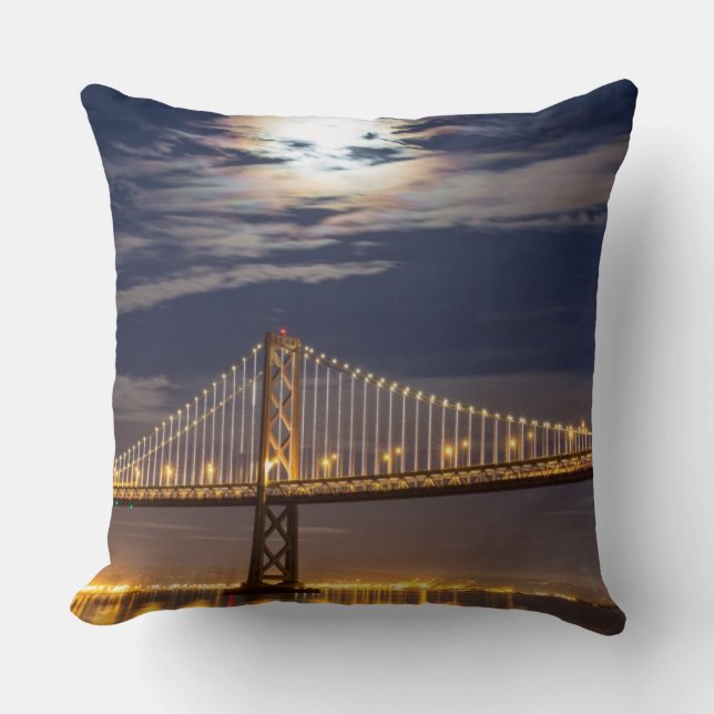The moonrise tonight over the Bay Bridge Throw Pillow (Front)