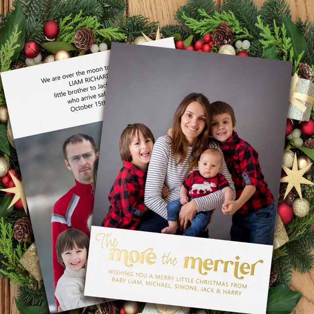 The More the Merrier 2 Photo Introducing Baby Gold Foil Holiday Card (Creator Uploaded)