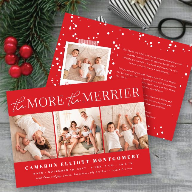 The More The Merrier 3 Photo Modern Holiday Birth Announcement (Creator Uploaded)