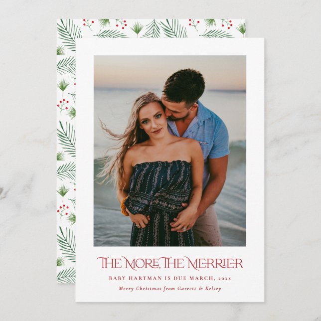 The More the Merrier Announce Pregnancy Photo    Holiday Card (Front/Back)