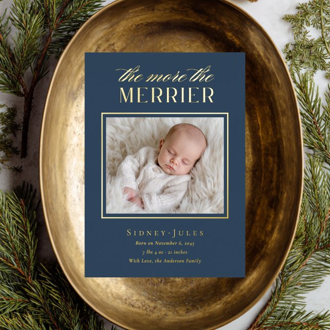 The More The Merrier Blue New Baby Birth Foil Holiday Card (Creator Uploaded)