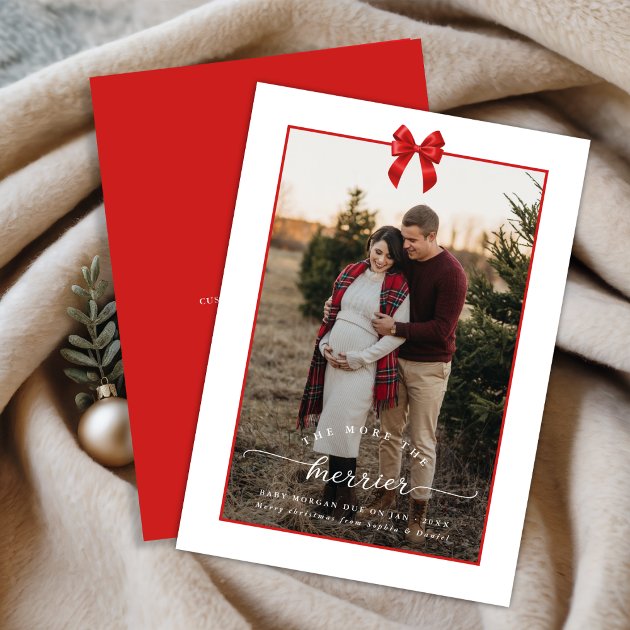 Pregnancy christmas card - Pink Dramatic personalized gifts for you The more the merrier bow christmas pregnancy photo holiday card