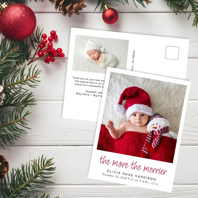 The More The Merrier Christmas Photo Birth Announcement Postcard (Creator Uploaded)