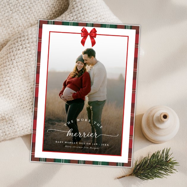 Pregnancy christmas card - Pink Dramatic personalized gifts for you The more the merrier plaid bow christmas pregnancy holiday card