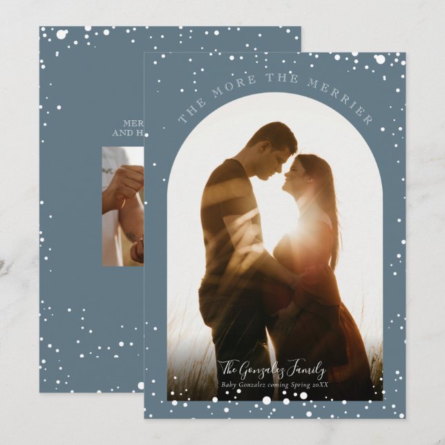 The More the Merrier Pregnancy Modern Snowy Photo  Holiday Card (Front/Back)