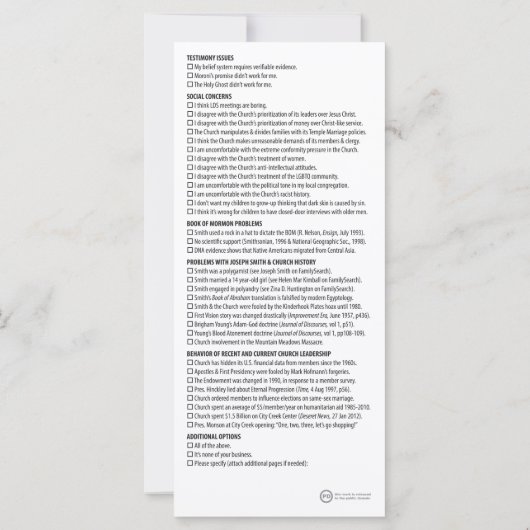 The Mormon Move-Along Card (Back)