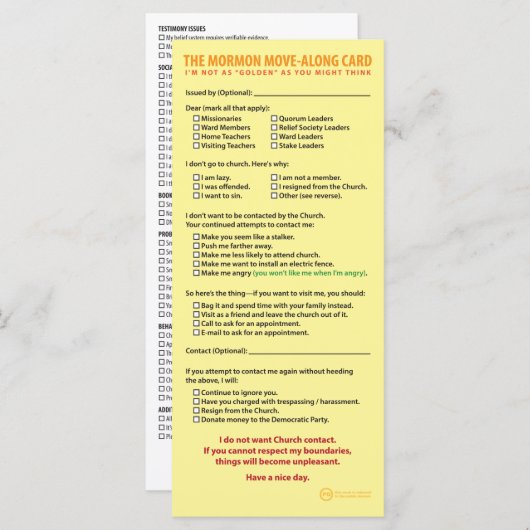 The Mormon Move-Along Card (Front/Back)