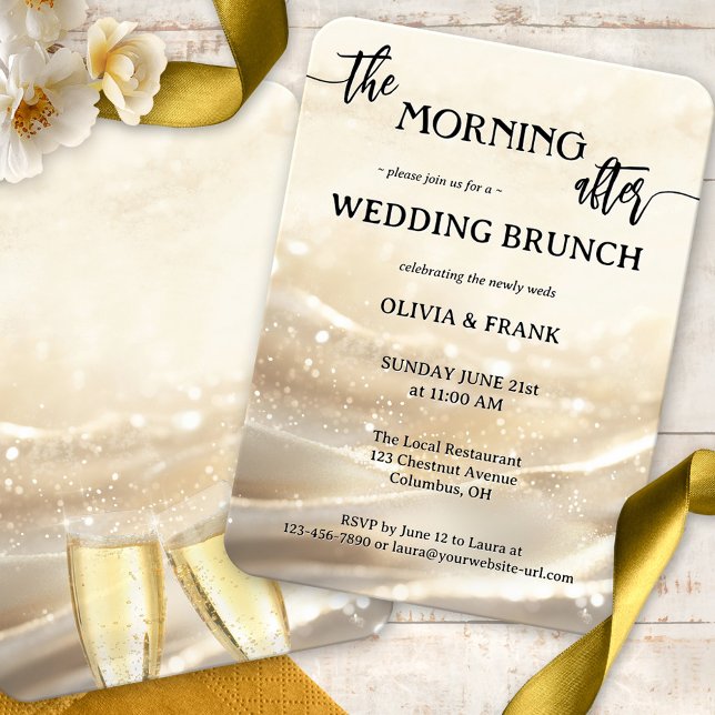 The Morning After Gold Sparkling Wedding Brunch Invitation (Modern boho chic wedding brunch invitation showing a festive design with gold sparkles and champagne)