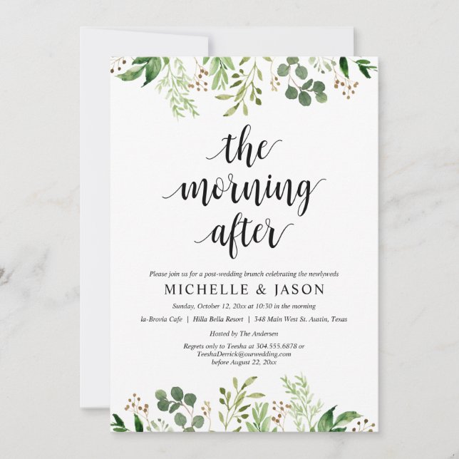 The Morning After, Greenery Post Wedding Brunch In Invitation (Front)