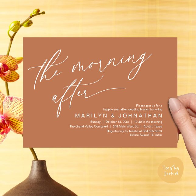 The Morning After, Happily Ever After Brunch Invitation (The Morning After Modern Romantic Post Wedding Elopement Brunch Invitation Card PDF in Copper Brown)