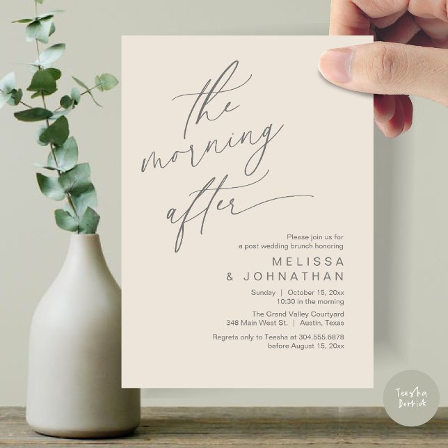 The Morning After, Happily Ever After Brunch Invitation (The Morning After Modern Romantic Post Wedding Elopement Brunch Invitation Card PDF in Cream Grey)