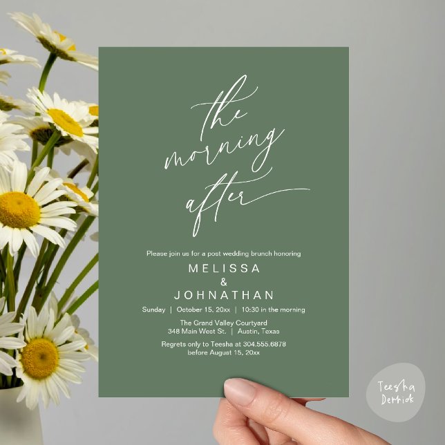 The Morning After, Romantic Post Wedding Brunch Invitation (The Morning After Modern Romantic Post Wedding Elopement Brunch Invitation Card PDF in Sage Green)