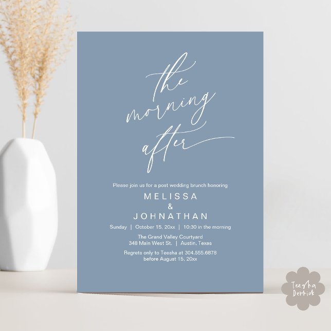 The Morning After, Romantic Post Wedding Brunch Invitation (The Morning After Modern Romantic Post Wedding Elopement Brunch Invitation Card PDF in Dusty Blue)