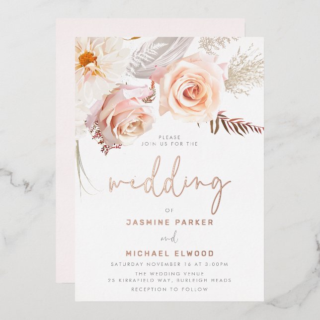 The Most Beautiful Wedding: Divine Blush Floral Foil Invitation (Front/Back)