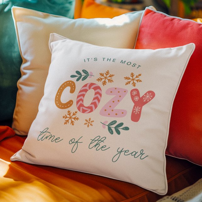 The Most Cozy Time of The Year Striped Christmas Throw Pillow (Creator Uploaded)