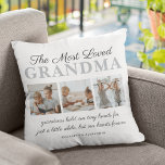 The Most Loved Grandma Family Photo Throw Pillow<br><div class="desc">Modern mothers day photo pillow featuring the cute saying "the most loved grandma",  3 pictures of the grandkids,  their names,  and the caption "grandmas hold our tiny hands for just a little while,  but our hearts forever".</div>