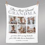 The Most Loved Grandma Photo Fleece Blanket<br><div class="desc">Modern mothers day family picture blanket featuring the cute saying "the most loved grandma",  6 photos of the grandkids,  their names,  and the caption "grandmas hold our tiny hands for just a little while,  but our hearts forever".</div>